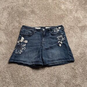 PILCRO "SLIM BOYFRIEND" FLORAL CUFFED DENIM SHORTS